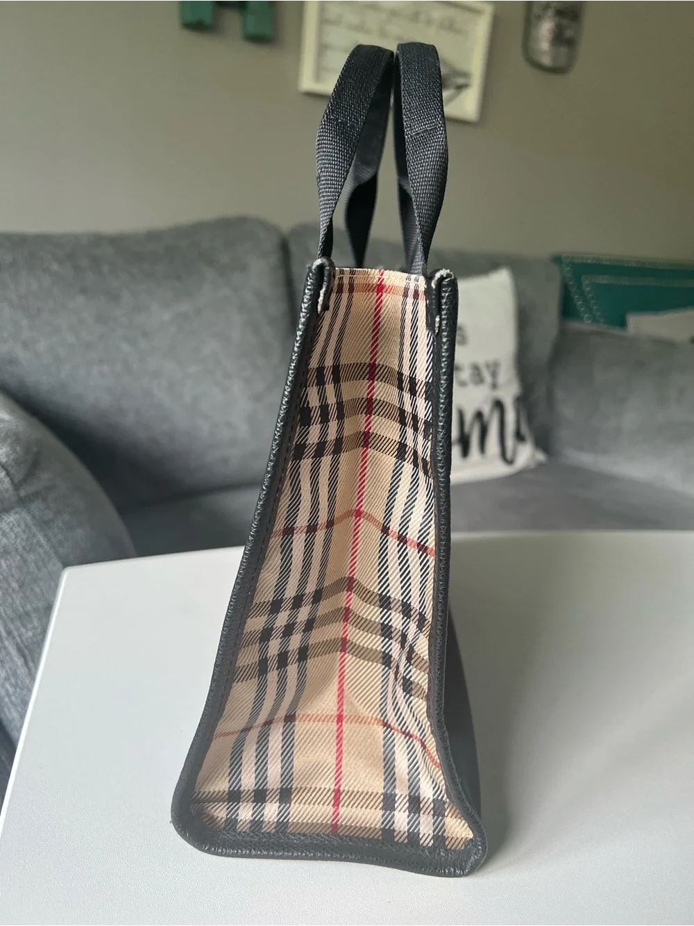 Burberry Black Canvas Tote with Beige Plaid Trim - Handheld Bag